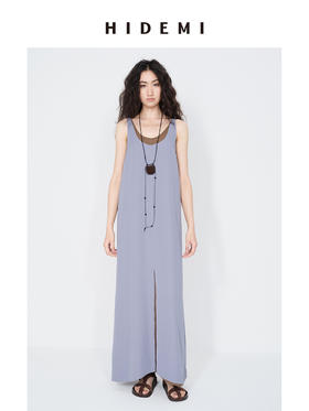 HIDEMI 【当当同款】极简圆领设计感棕蓝色两件式叠穿清透缎面开衩连衣裙长裙