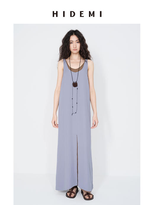 HIDEMI 【当当同款】极简圆领设计感棕蓝色两件式叠穿清透缎面开衩连衣裙长裙 商品图0