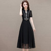 QYM-1809夏款长款修身显瘦黑色时尚雪纺裙短袖通勤垂感洋气连衣裙 商品缩略图0