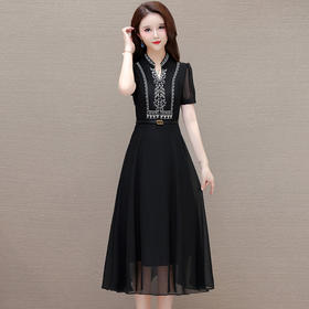 QYM-1809夏款长款修身显瘦黑色时尚雪纺裙短袖通勤垂感洋气连衣裙