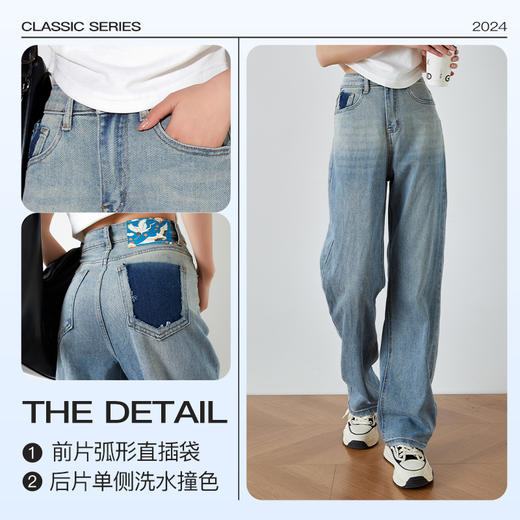 OLrain欧芮儿渐变蓝牛仔裤女夏季2024年新款时尚高腰直筒阔腿裤 商品图4