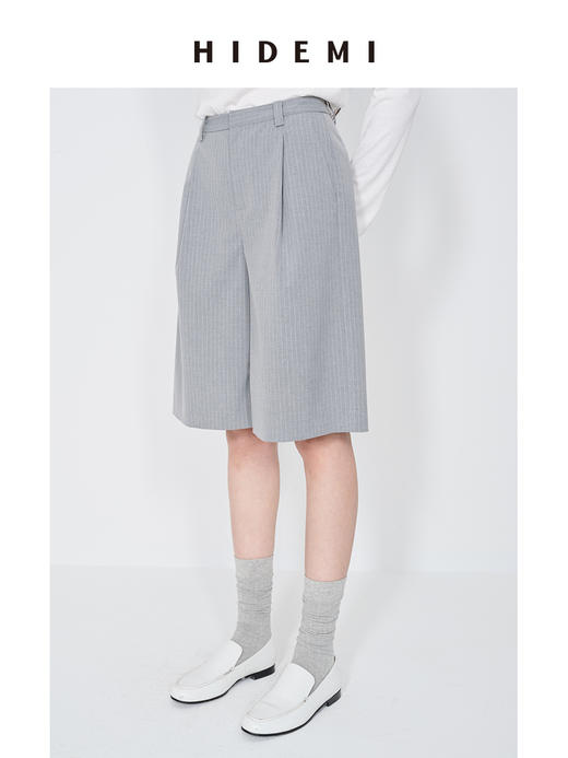 HIDEMI 极简细条纹压褶设计感宽松阔腿中低腰西裤中裤 灰色/黑色 商品图2