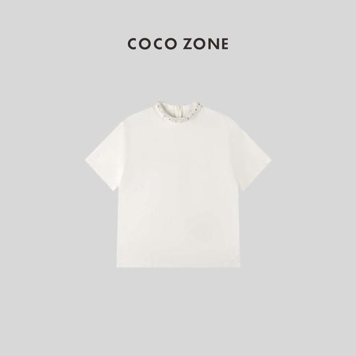 COCO ZONE  通勤风圆领花边装饰短袖T恤半拉链设计 23C18680 商品图0