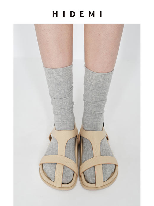 HIDEMI 极简交叉十字带厚底凉鞋 米色蜥蜴纹/乌木棕麂皮/白色羊皮 商品图13