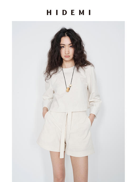 HIDEMI 极简水洗亚麻原色条纹卷边短款套装 上衣/短裤 商品图3