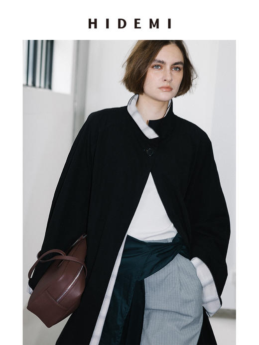 HIDEMI 极简细条纹压褶设计感宽松阔腿中低腰西裤中裤 灰色/黑色 商品图7