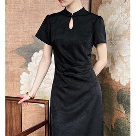 AHM-6656重工提花黑色旗袍裙女夏季新款国风改良修身显瘦新中式连衣裙