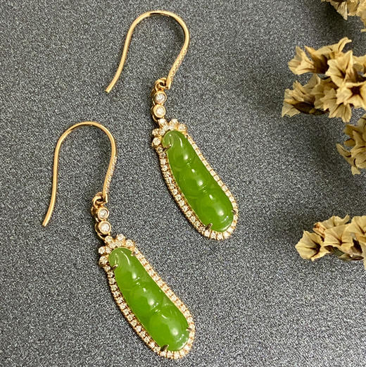 18K玫瑰金和田玉（碧玉）满钻耳饰--福豆/福豆26*27mm/总长36mm/苹果绿 商品图1