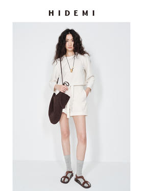 HIDEMI 极简水洗亚麻原色条纹卷边短款套装 上衣/短裤