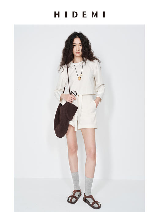 HIDEMI 极简水洗亚麻原色条纹卷边短款套装 上衣/短裤 商品图0