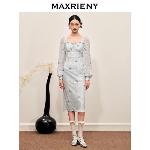 【竹子系列-商场同款】MAXRIENY复古提花连衣裙薄荷曼波风穿搭(货号:MC88DR539) 商品图1