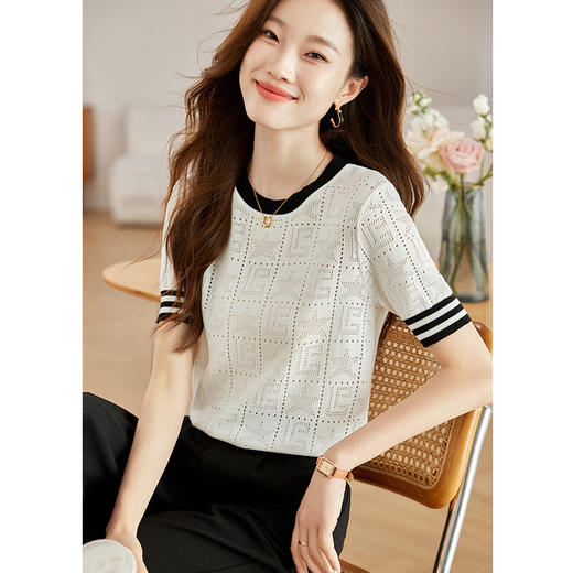 CCML-3370冰丝短袖t恤女夏季薄款针织衫上衣修身减龄洋气镂空体恤小衫女 商品图3