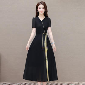 QYM-BXA427新中式国风印花时尚复古雪纺裙夏款长款短袖通勤洋气连衣裙