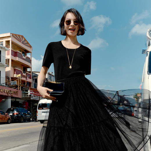 【严选】伊芙丽针梭拼接连衣裙女2024春装新款显瘦咖啡色轻熟风长款纱裙1F3994611 商品图2