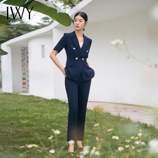 IWY/藏青色西装套装短袖职业装商务气质西服外套女上班售楼部工装C13216+P11356 商品图2