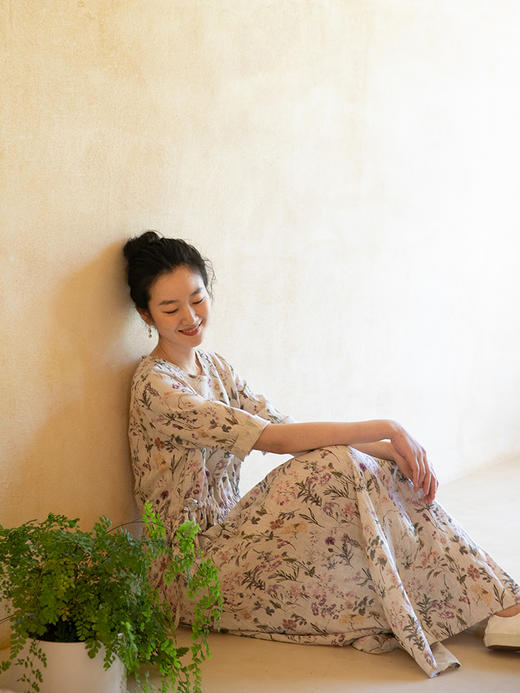 牧衣游原创 印花亚麻连衣裙女夏新款轻薄文艺宽松碎花长裙 樱主 商品图3
