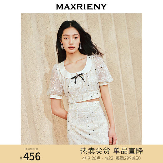 MAXRIENY精致复古黑白波点泡泡袖2024新款上衣女(货号:MS85TP052) 商品图0