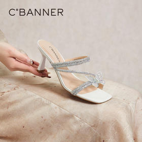 千百度蝴蝶结钻带细高跟凉拖鞋女夏季时尚绝美拖鞋可外穿A24330710