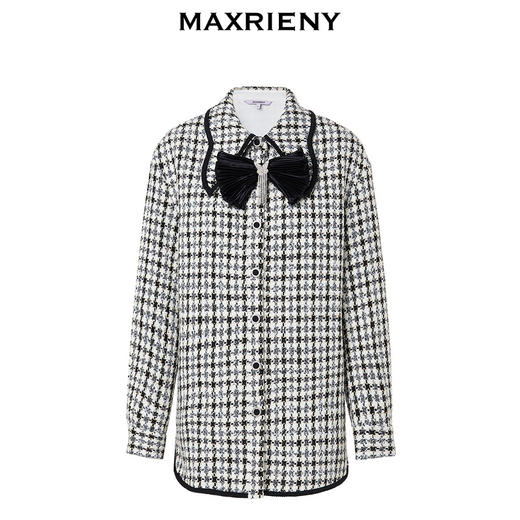 MAXRIENY名媛千金小香风翻领衬衫式外套黑白格纹大衣格雷系穿搭(货号:MS88JA522) 商品图4