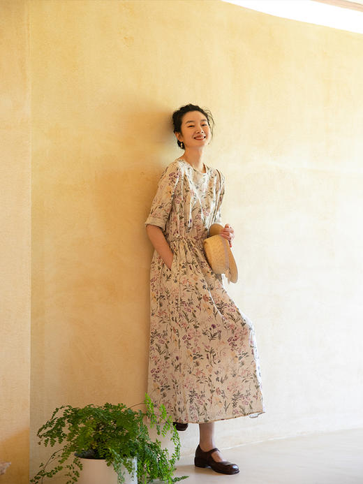 牧衣游原创 印花亚麻连衣裙女夏新款轻薄文艺宽松碎花长裙 樱主 商品图1