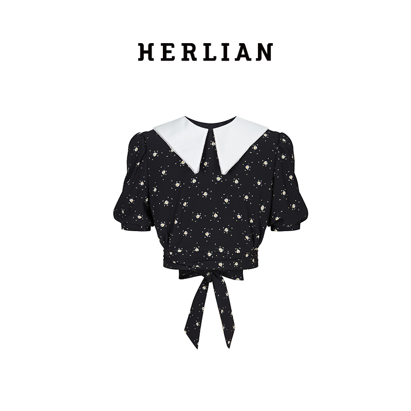 HL2DSSSH1927 拼色小雏菊碎花系带上衣