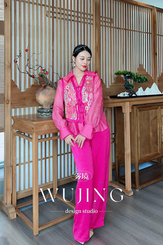 【雾境定制】粉韵祥云系列超重工亮片刺绣马甲+新中式提花薄纱丝绵衬衣 3204067 商品图2