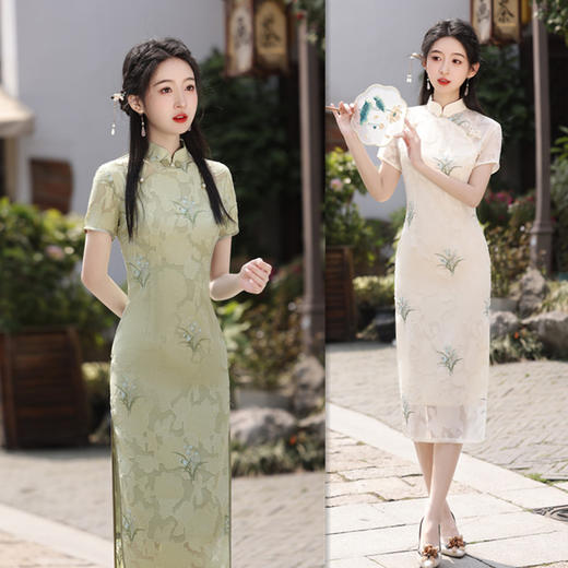 上海旗袍厂家批发2024夏季新款时尚改良年轻少女款中长短袖旗袍裙 商品图0