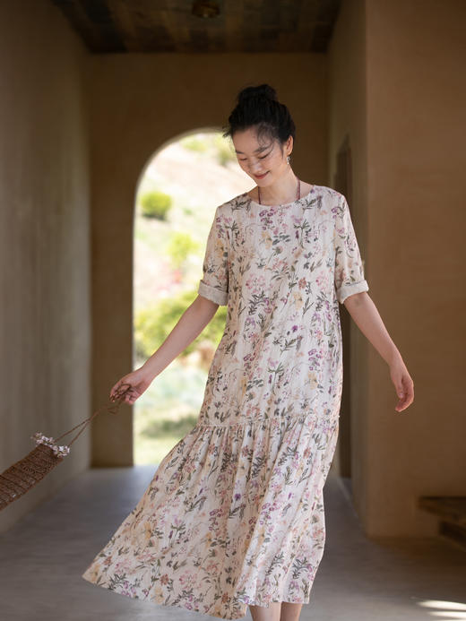 牧衣游原创 印花亚麻连衣裙女夏新款轻薄宽松浪漫气质碎花裙 祈语 商品图0