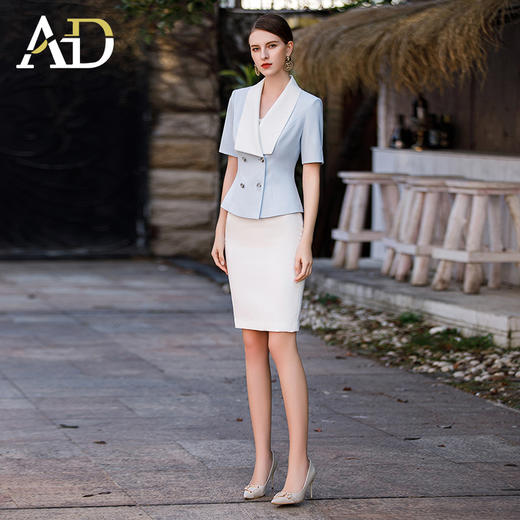 AD夏季2024新款短袖西装套装女蓝色法式大翻领西服外套教师工作服 商品图1