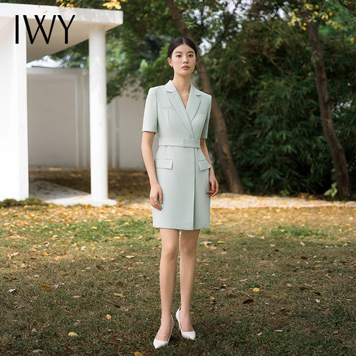 IWY/高端薄荷绿西装连衣裙夏修身气质商务白领播音主持人上镜正装Q14238 商品图4