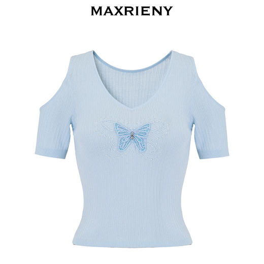 MAXRIENY刺绣蝴蝶露肩套头针织衫2024夏季新款修身显瘦上衣女(货号:MS85SW004) 商品图4