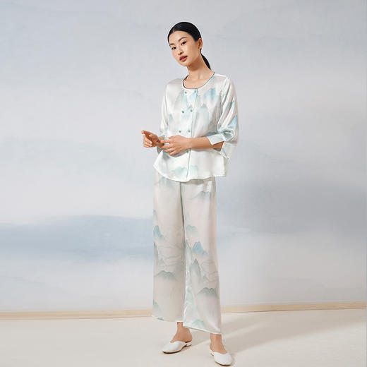 【水墨韵味】金三塔重磅真丝睡衣女新中式100%桑蚕丝印花宽松家居服  YSFEB201 商品图3