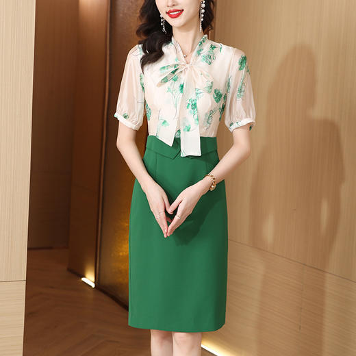AHM-8594韩版时尚假两件连衣裙夏季新款气质雪纺印花开叉显瘦包臀裙 商品图1
