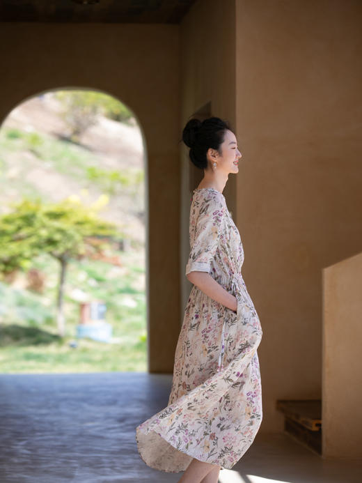 牧衣游原创 印花亚麻连衣裙女夏新款轻薄文艺宽松碎花长裙 樱主 商品图0