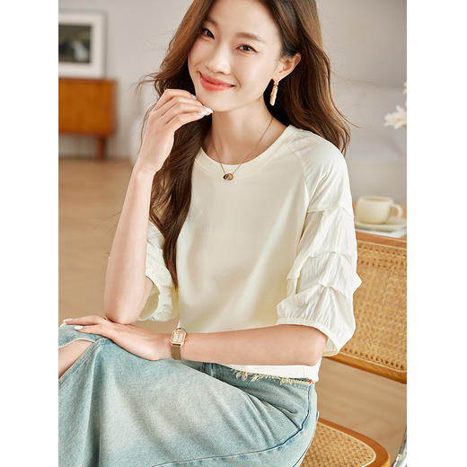 CCML-3365港风别致全棉上衣女夏季圆领拼接小衫薄款妈妈针织衫五分袖t恤薄 商品图2