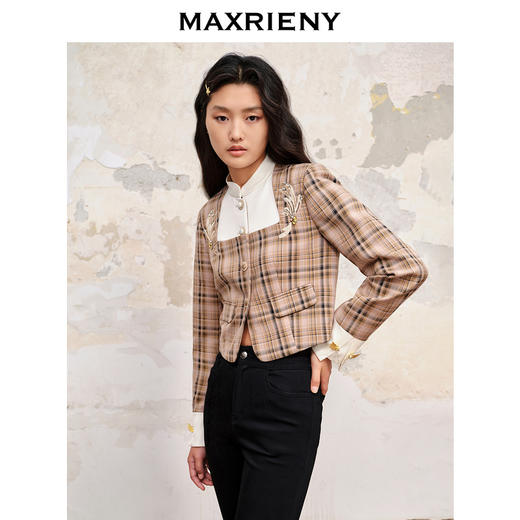 MAXRIENY复古格纹缎面解构外套美拉德穿搭(货号:MC88JA505) 商品图2