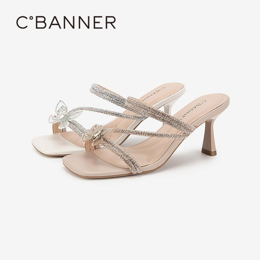 千百度蝴蝶结钻带细高跟凉拖鞋女夏季时尚绝美拖鞋可外穿A24330710 商品图1