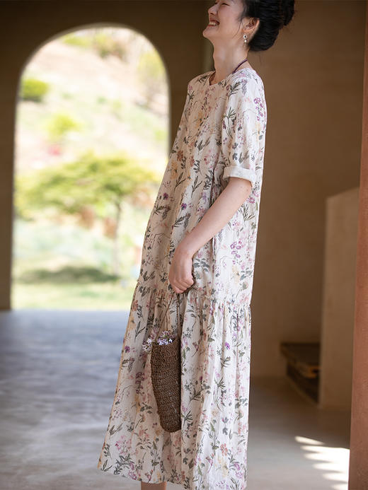 牧衣游原创 印花亚麻连衣裙女夏新款轻薄宽松浪漫气质碎花裙 祈语 商品图3