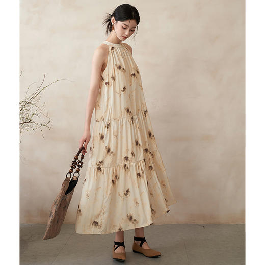 水墨晕染清冷气质连衣裙女新款挂脖A字垂感长裙V0640386 商品图3