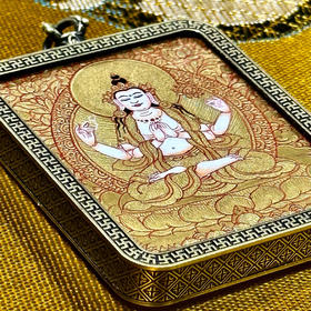 金唐《四臂观音》唐卡佛牌