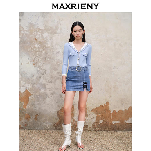 MAXRIENY精致复古氛围感蝴蝶结开叉牛仔半裙秋季牛仔短裙(货号:MS88SK555) 商品图1
