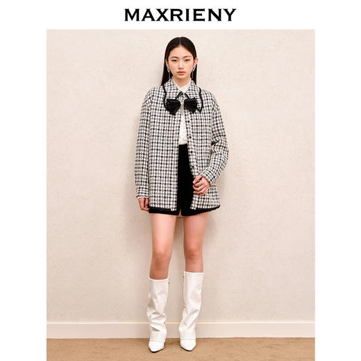 MAXRIENY名媛千金小香风翻领衬衫式外套黑白格纹大衣格雷系穿搭(货号:MS88JA522) 商品图1