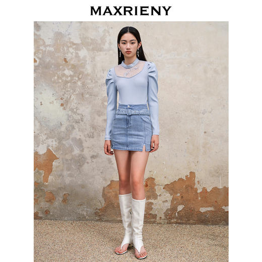 MAXRIENY烫钻双腰头牛仔半身短裙秋季a字高腰设计感包臀显瘦裙子(货号:MS88SK299) 商品图1