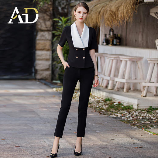 AD夏季2024新款短袖西装套装女蓝色法式大翻领西服外套教师工作服 商品图4
