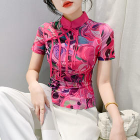 KQL-8159新中式国风设计感盘扣立领短袖印花T恤女打底衫欧货上衣潮