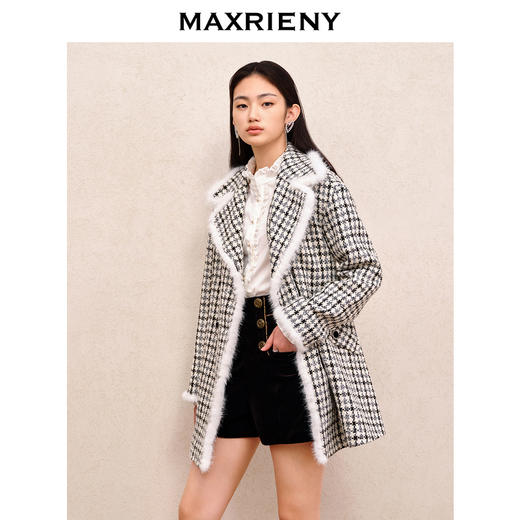MAXRIENY精致复古黑白格纹大衣中长款肌理感小香风外套格雷系穿搭(货号:MS88JA516) 商品图1