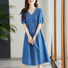 百媚生 天丝莱赛尔牛仔蓝连衣裙女中长款高腰A字裙子