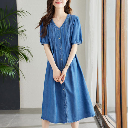 百媚生 天丝莱赛尔牛仔蓝连衣裙女中长款高腰A字裙子 商品图0