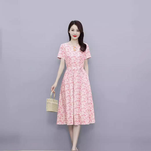 HT-6252棉麻短袖连衣裙2024夏收腰显瘦时尚气质甜美印花裙子 商品图1