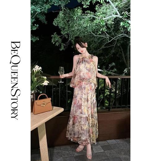 BeQueenStory【莫奈繁花】轻薄亮丝绉圆领金属装饰复古时尚休闲套装 商品图3